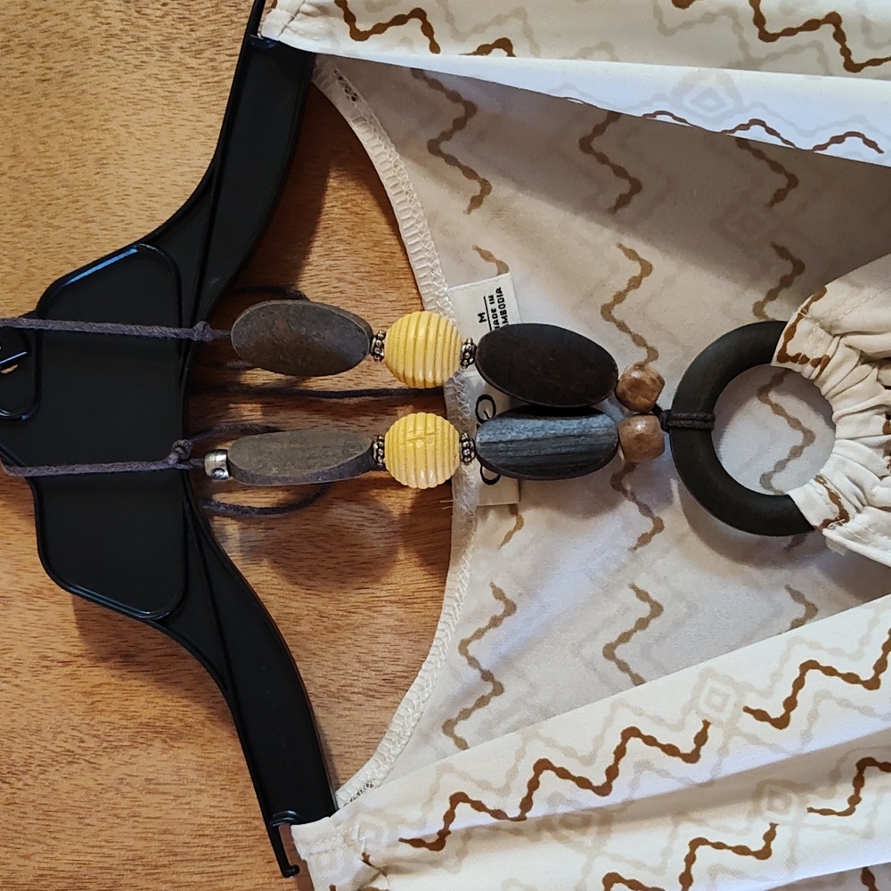 Cato Cowl Neck Tank Halter Tie-Neck Cream Orange Brown Beaded Ikat Chevron Med - Picture 3 of 12